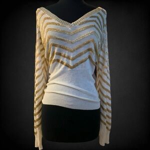 Boston Proper Beaded Chevron Sweater M Gold Bugle Beads Vintage Glam Knit